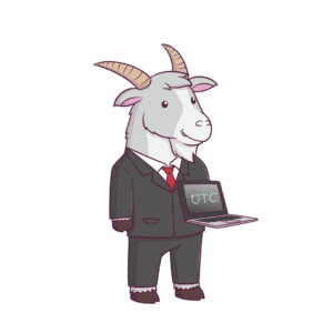 Goat in a suit holding a laptop with the Jurat logo on the screen