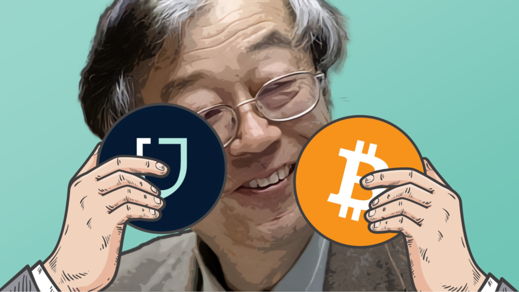 Older Asian man holding a BTC and a JTC coin.