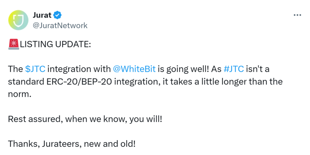 Jurat X Post announcing the upcoming listing on WhiteBit